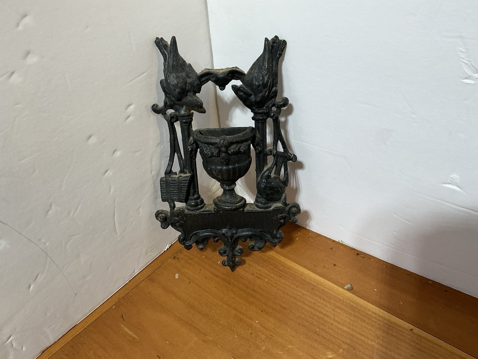 Antique cast Iron Match Safe Holder & Striker Birds & Urn E.G. Zimmerman Germany