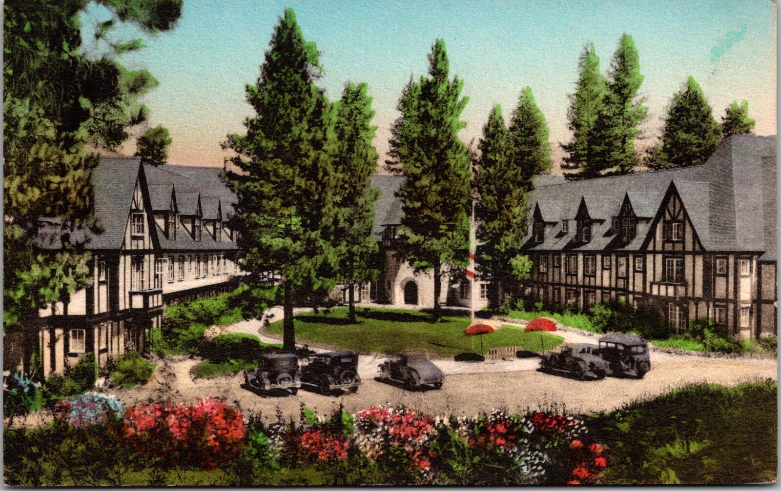 Lake Arrowhead Mountain Entrance The Lodge Old Cars Tinted CA Postcard PC23