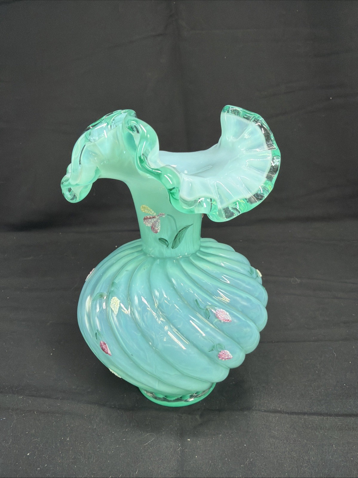 Fenton QVC...1994**STIEGEL GREEN OPALESCENT OVERLAY SPIRAL SWIRL VASE***#C13800