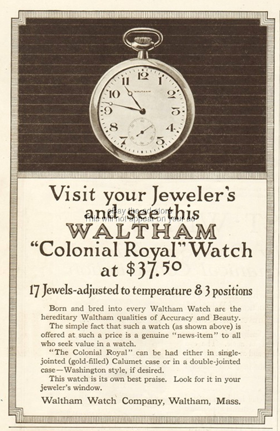 1914 Waltham Watch Company Massachusetts Colonial Royal Pocket Watch Vintage Ad