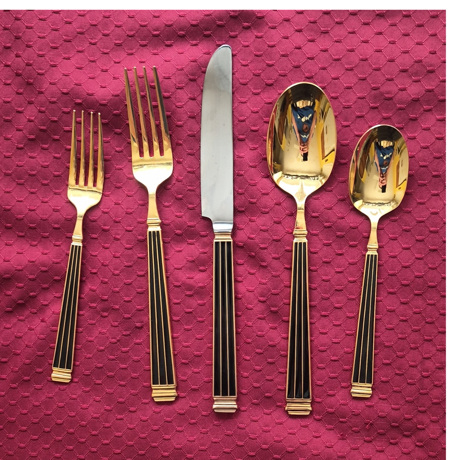 Christian Dior Gold & Black Japanese Flatware Set Fork Knife Spoon 5 Piece Christian Dior Gold & Black Japanese Flatware Set Fork Knife Spoon 5 Piece
