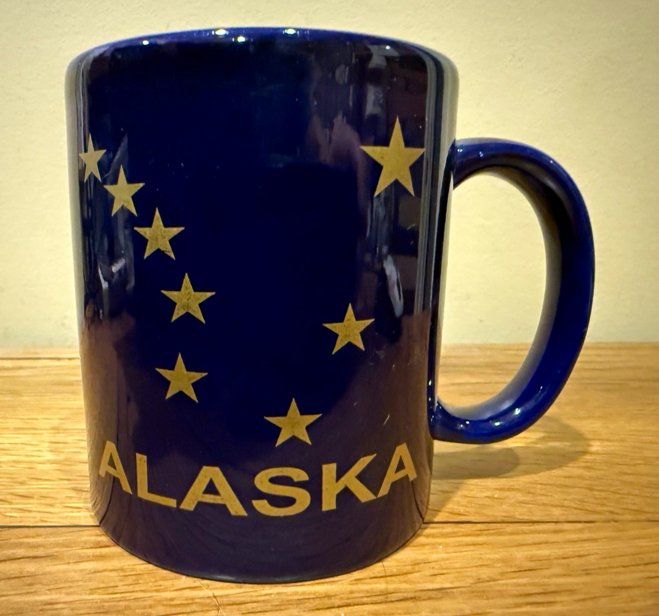 Vintage Cobalt Blue Alaska Mug Gold State Flag Constellation & Facts - MINT