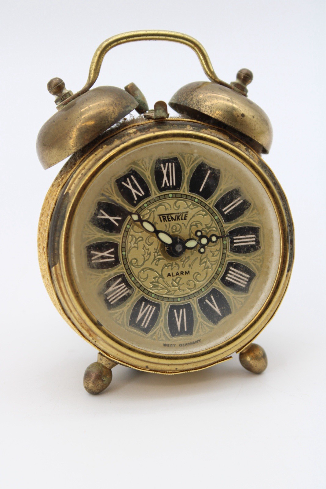 Vintage 1950s West Germany Trenklé Brass Alarm Clock Double Bell Filigree Case Vintage 1950s West Germany Trenklé Brass Alarm Clock Double Bell Filigree Case