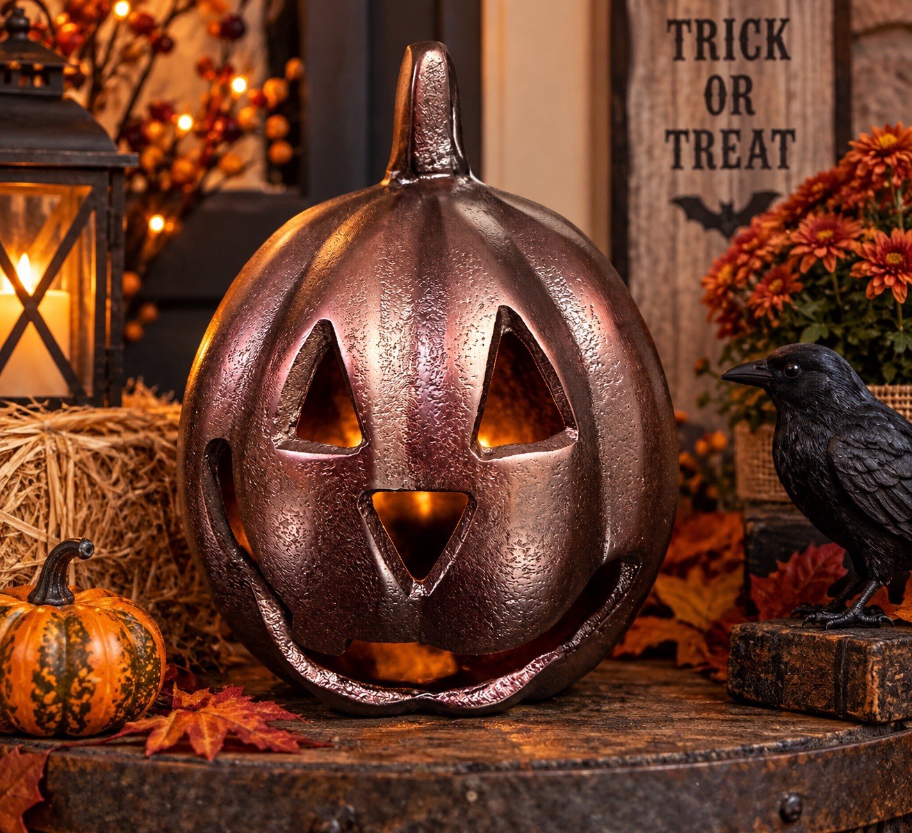Spooky Night Halloween Cast Metal Jack O Lantern Handmade In India  8”x 5” NEW