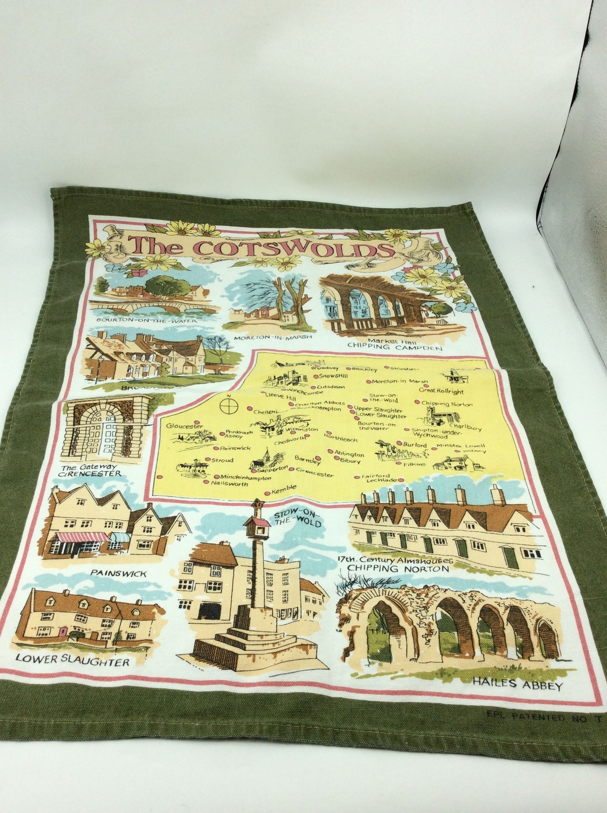 EPL Vintage The Cotswolds Map Souvenir Tea Towel England Linen Multicolor