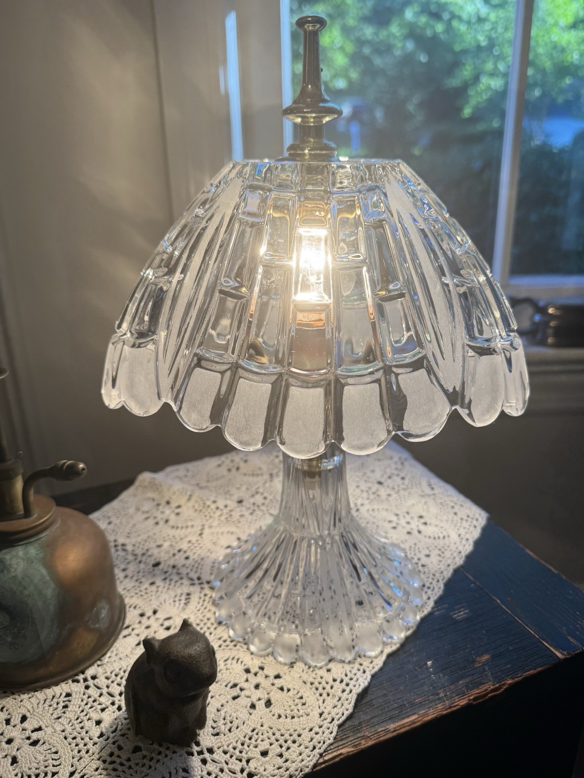 Vintage Pressed Glass Boudoir Table Lamp Oval Scalloped Shade Clear Glass 11”