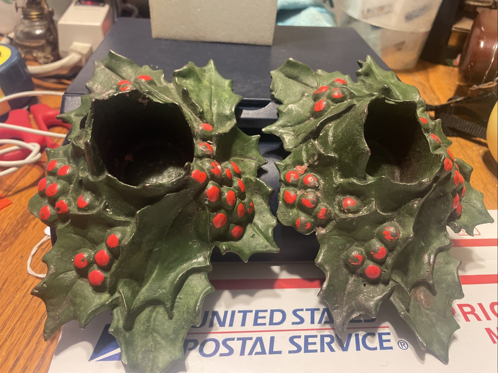 2 Antique 1921 Christmas Cast Iron Holly Candle Holders Lulu Verharen Lavell LVL