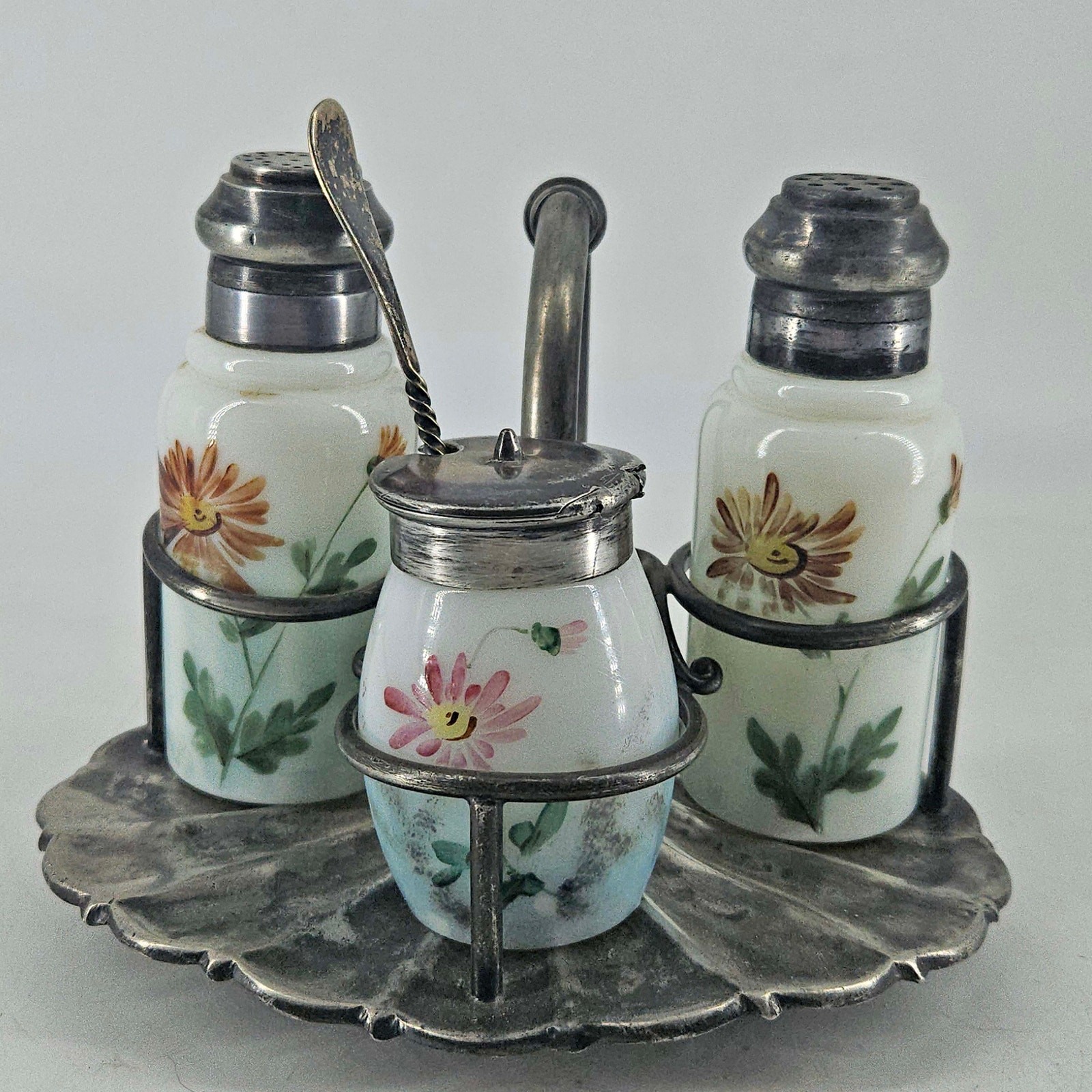 Vintage Wilcox Silverplate Hand Painted Glass Condiment Salt Pepper Shaker Set
