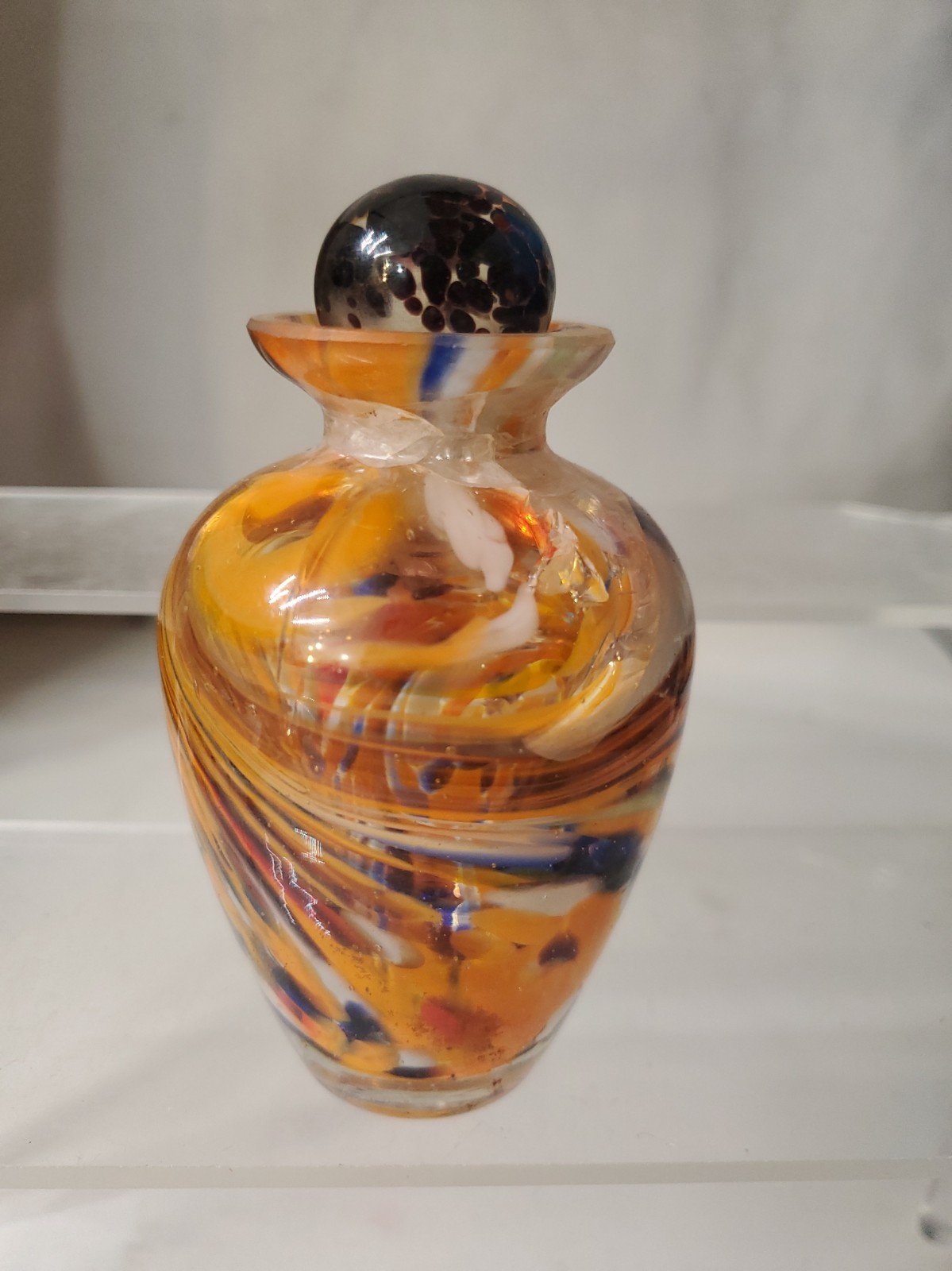 VTG Italian Murano Glass Perfume Bottle w/Swirling Orange, Black, White, Blue