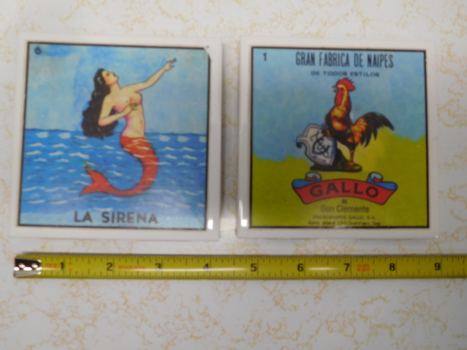 2 Vintage La Sirena & Gallo ~ Mermaid & Rooster ~ Padded Ceramic Tile Trivets