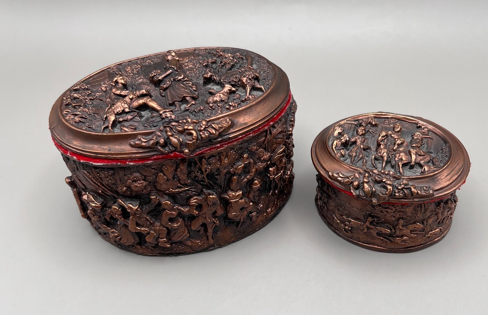 VTG Carved Bronze Bas-Relief Jewelry Box/Tobacco Holder Pair France 19th Century