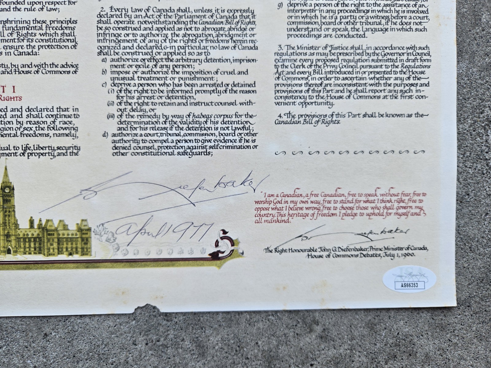 JOHN DIEFENBAKER Canadian Bill of Rights SIGNED April, 1977. Prime Minister. JSA