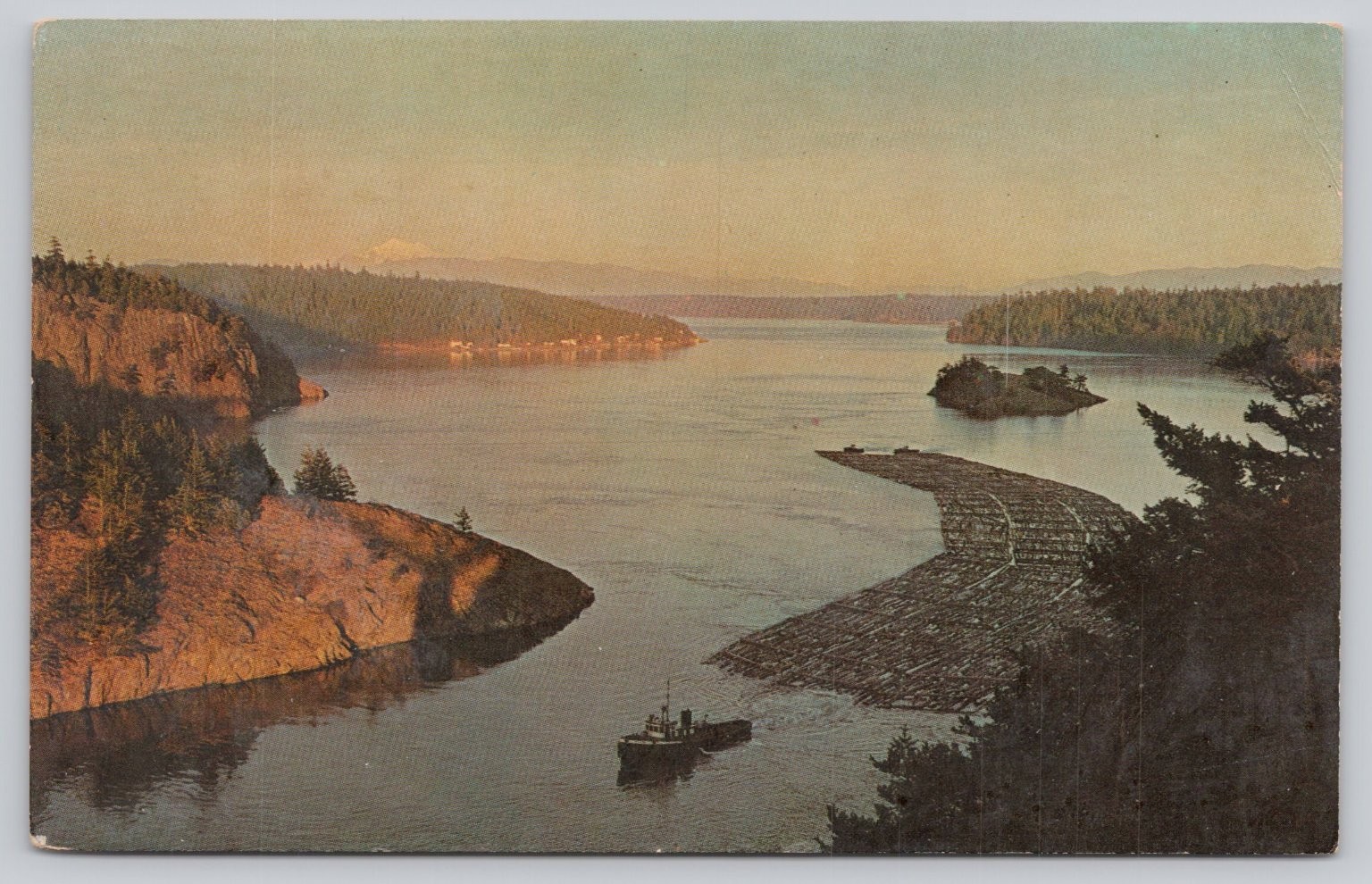Deception Pass Bridge Washington State Vintage Log Tow Postcard 1950s Mount