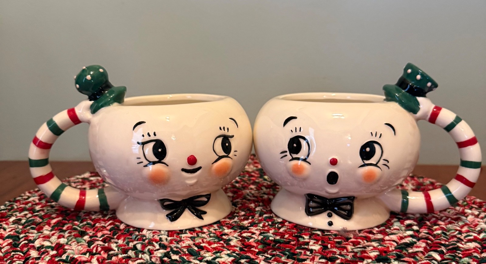 New Johanna Parker Red/Green Striped Set Of Two Christmas Mugs with Top Hats