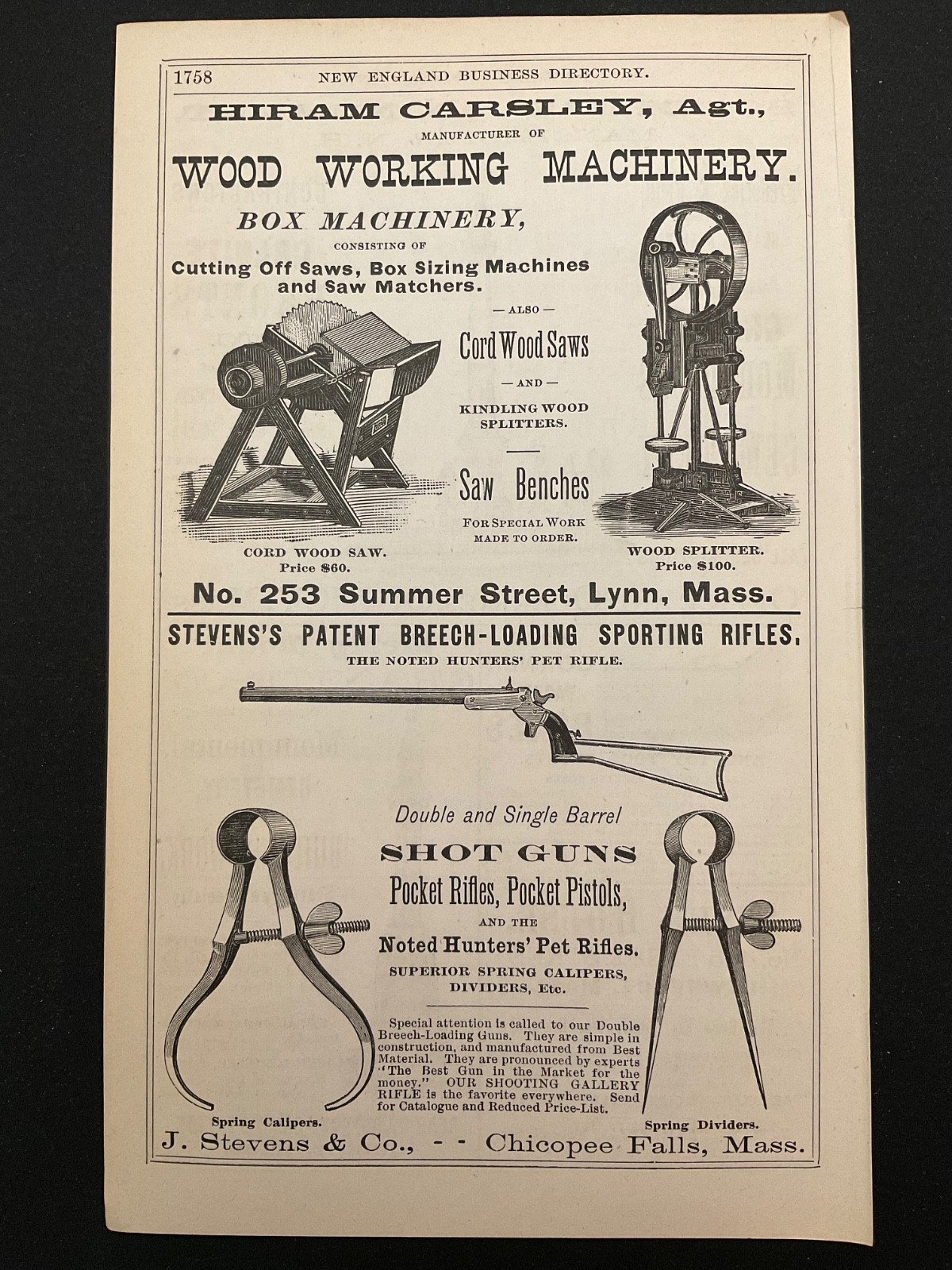 1883 Antique Ad Page - Stevens & Co Rifles, Shot Guns, Calipers & Dividers MA