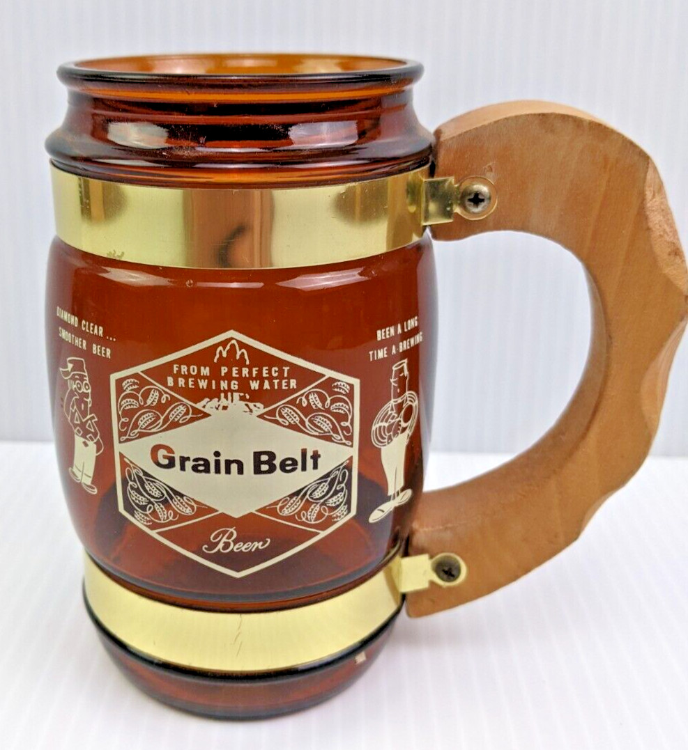 Grain Belt Beer Stein Mug Amber Glass Brass Wood handle Siesta Wear