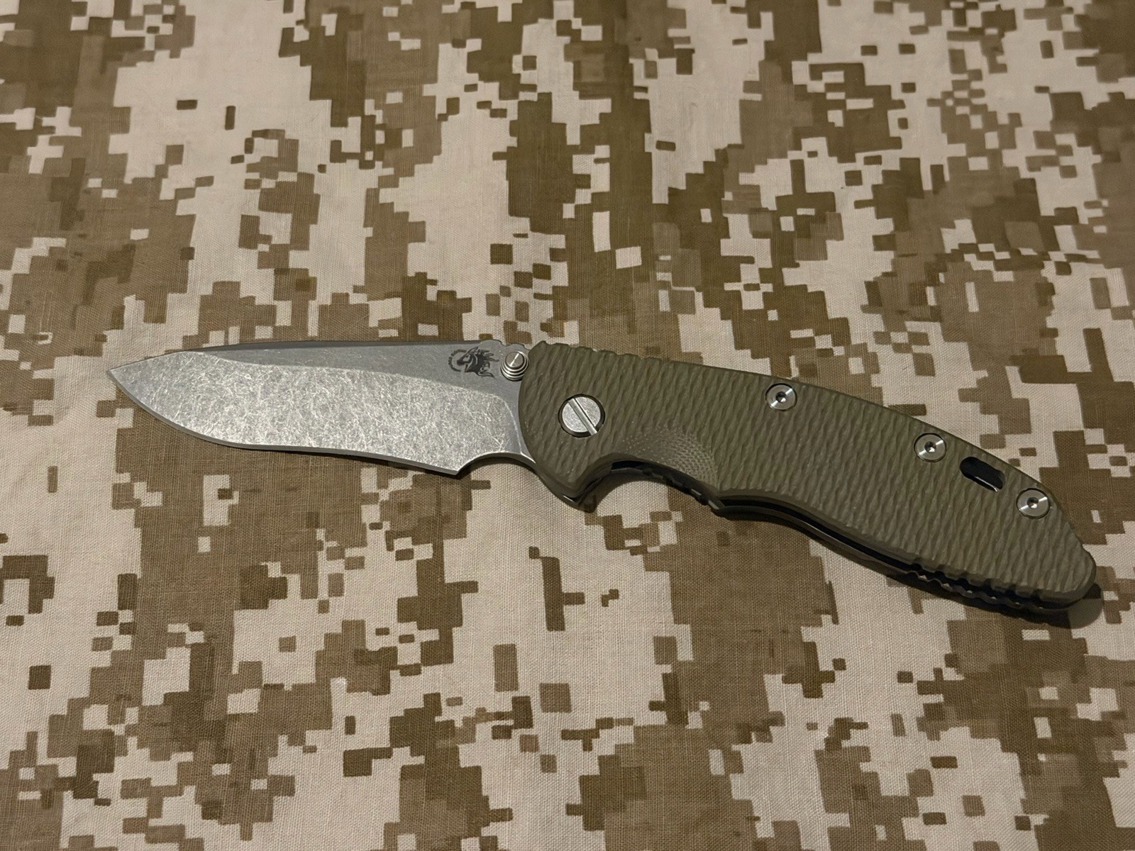 Rick Hinderer XM 18 3.5” Recurve Blade W/ Working finish, NON-Flipper, OD Green