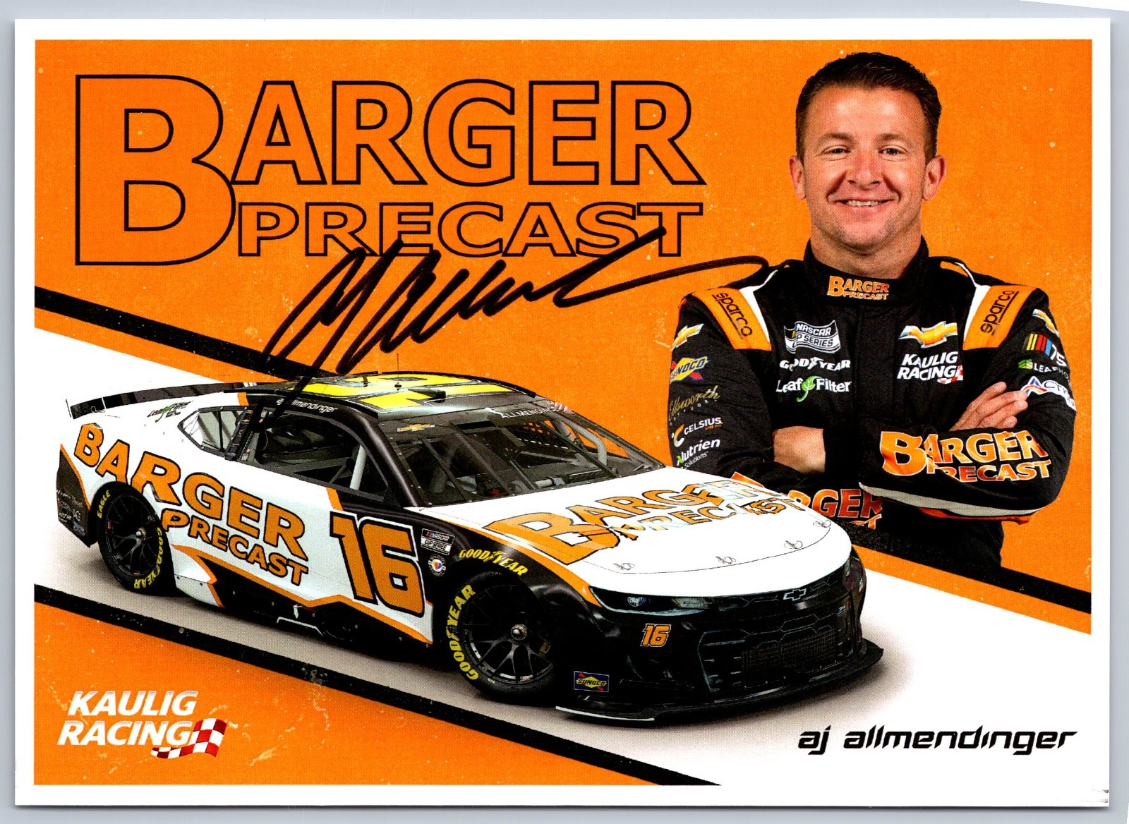 AJ Allmendinger Hand Signed Autograph 5 x 7 Hero Card - NASCAR - Barger Precast