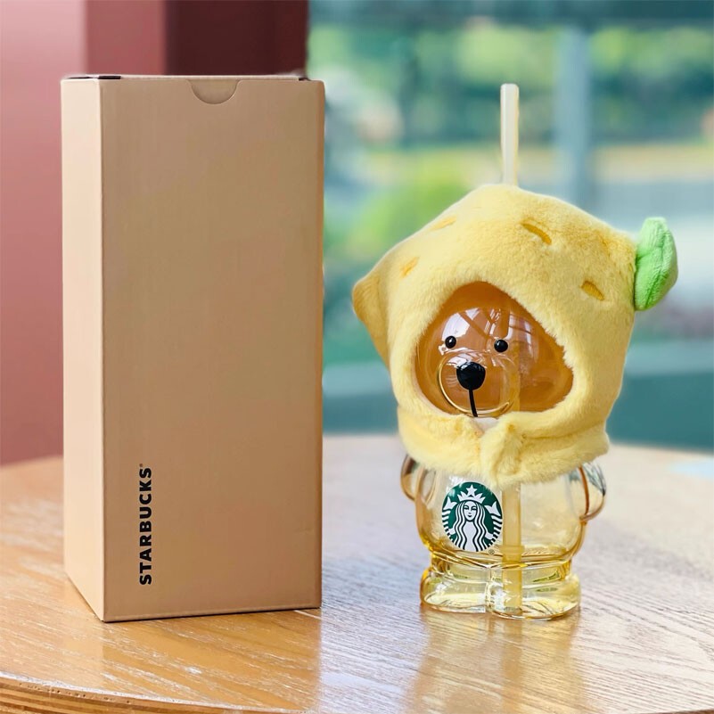 Hot Starbucks China 2025 Summer Fruit Lemon Yellow Bear Glass Cup With Sleeve