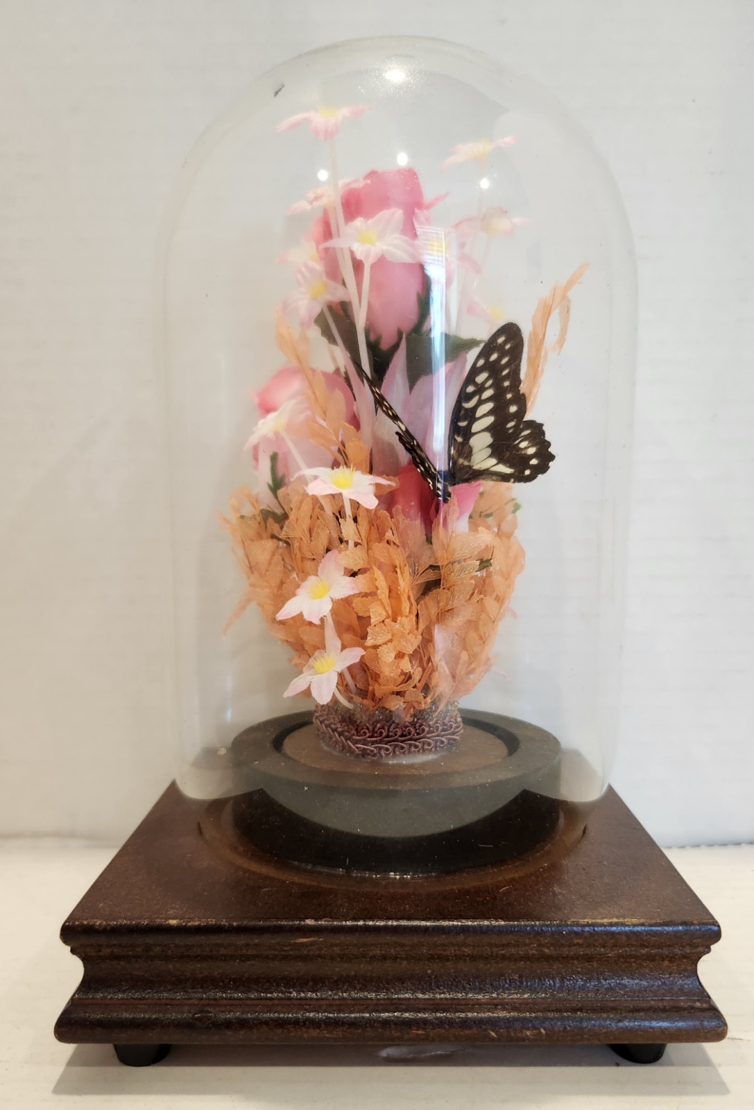 Vintage BUTTERFLY Silk Flower Display Glass Dome Music Rotates Pink Peach