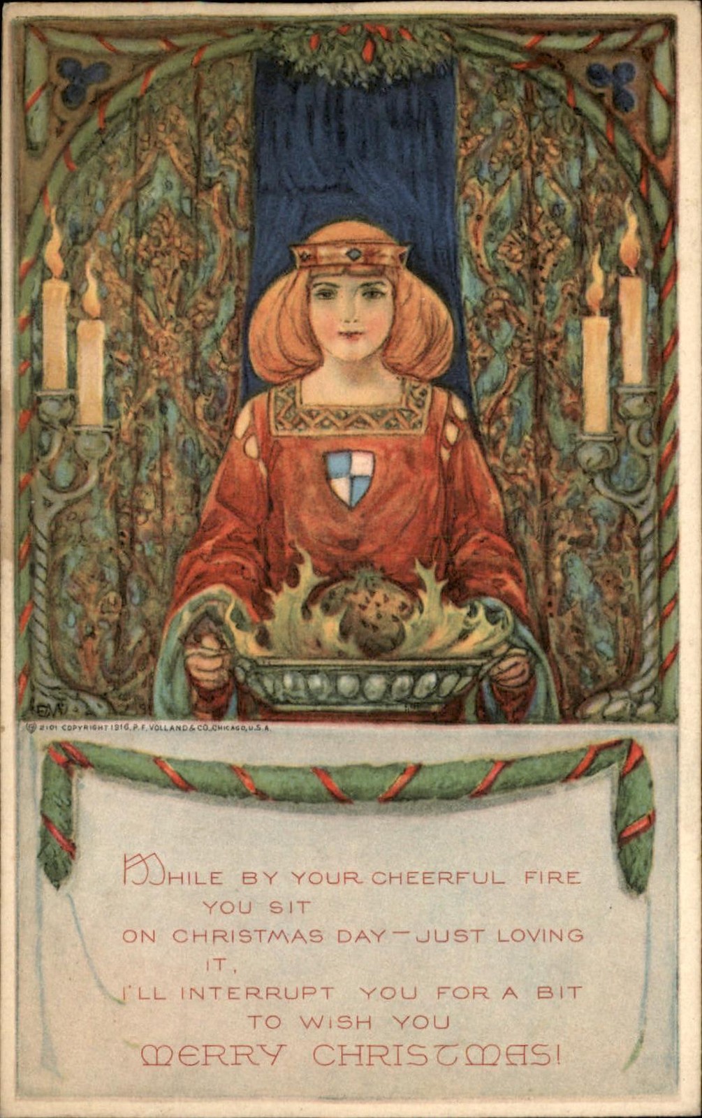 Christmas Beautiful Crowned Woman PF Volland Arts & Crafts c1915 Postcard bhn