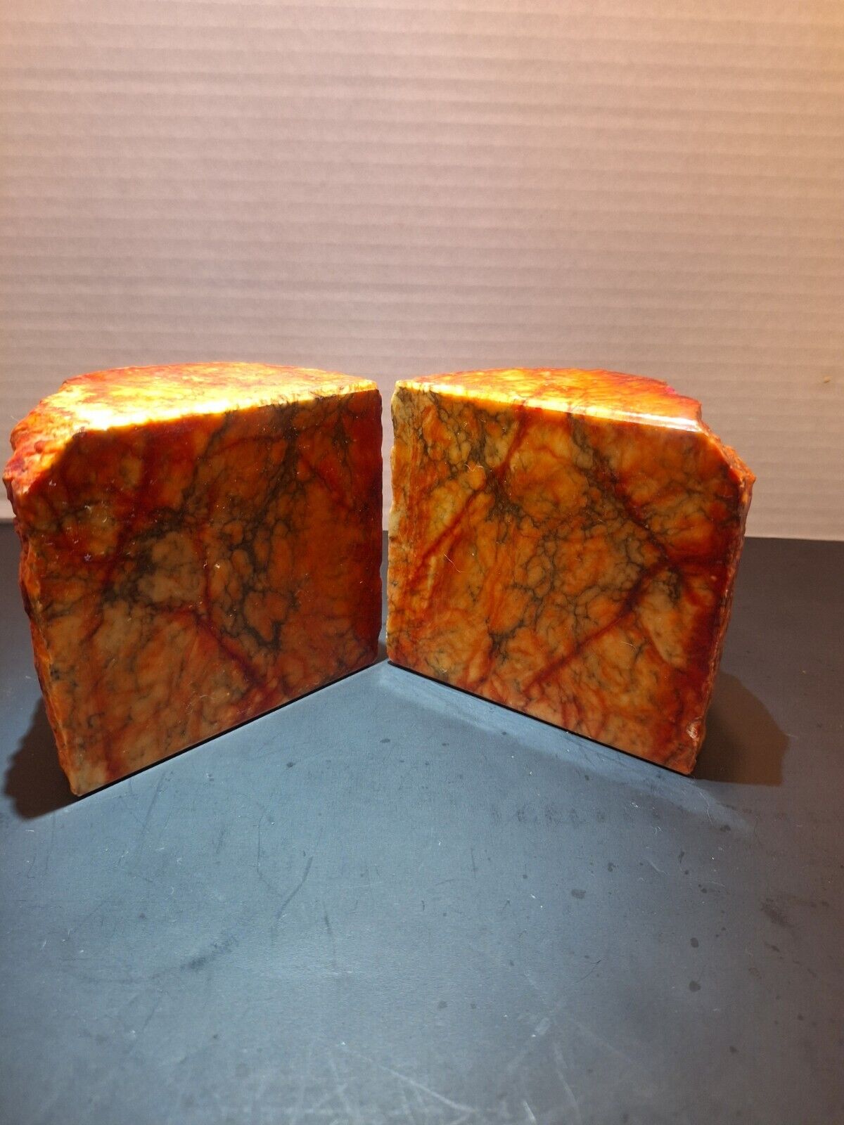 Vintage Red Orange Alabaster Marble Bookends Hand Carved MCM Italy Rare