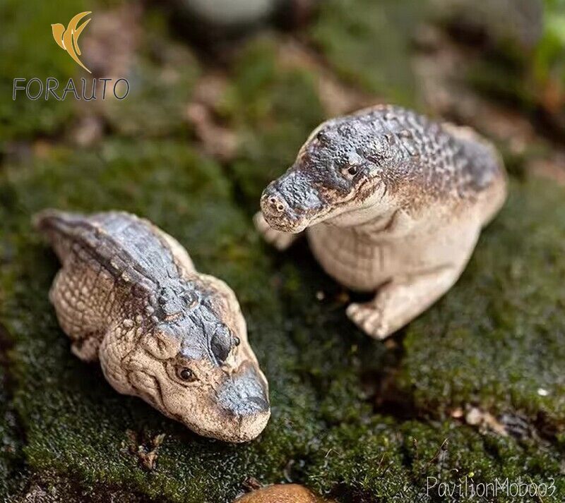 2 Pcs Chinese Zi Sha Clay Baby Crocodile Statue Cute Animal Figure Table Decor