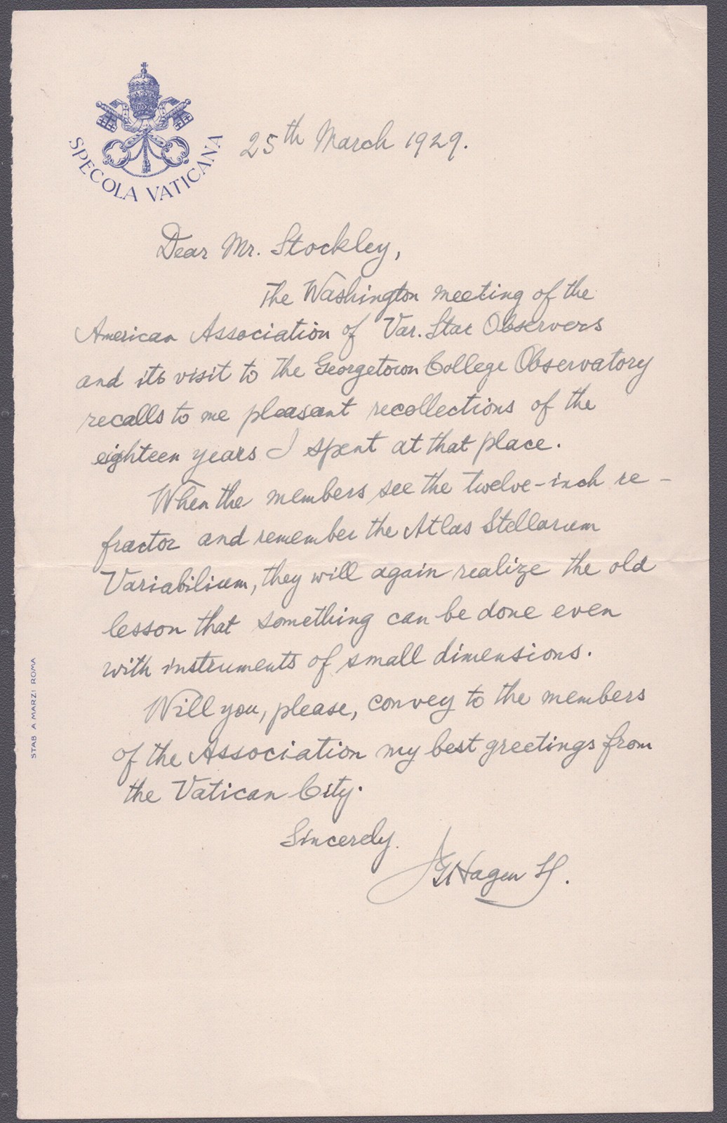 FATHER JOHANNES GEORG HAGEN - AUTOGRAPH LETTER SIGNED 03/25/1929