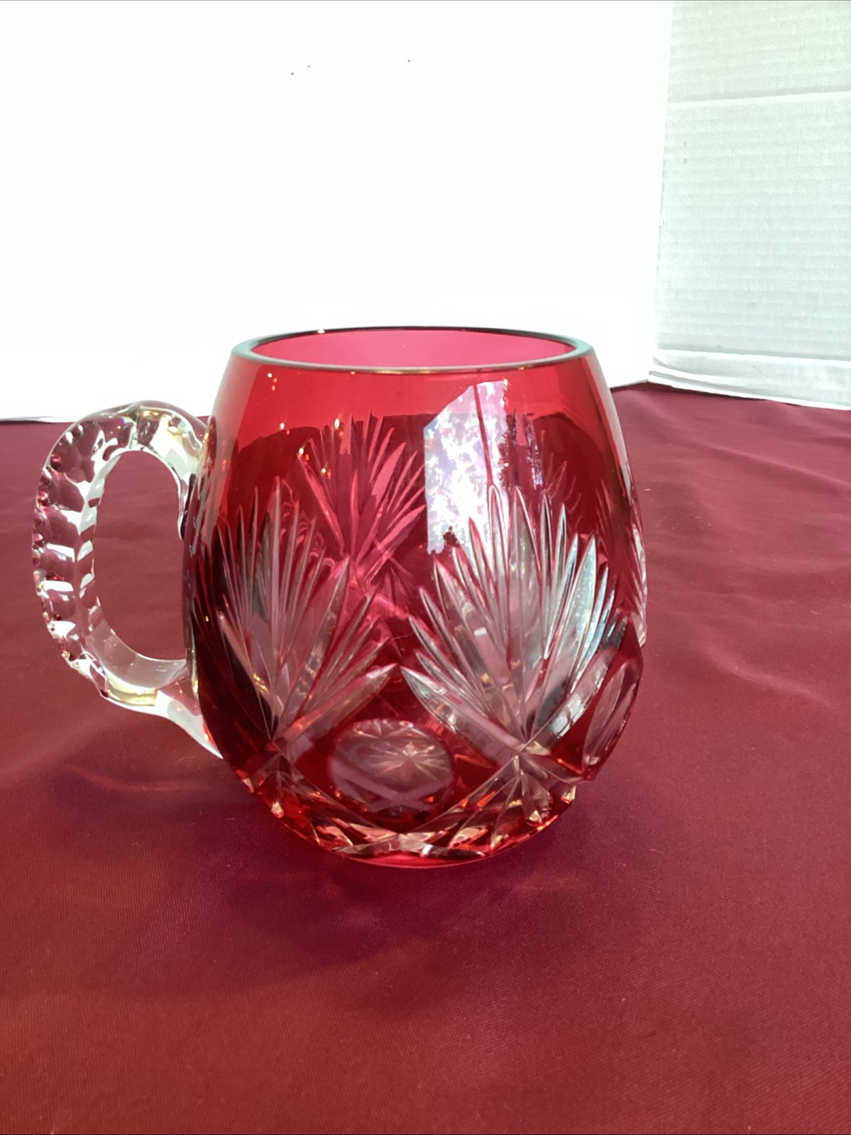 BEAUTIFUL Vintage Cranberry Cut to Clear Crystal Etched Tankard Mug Heavy