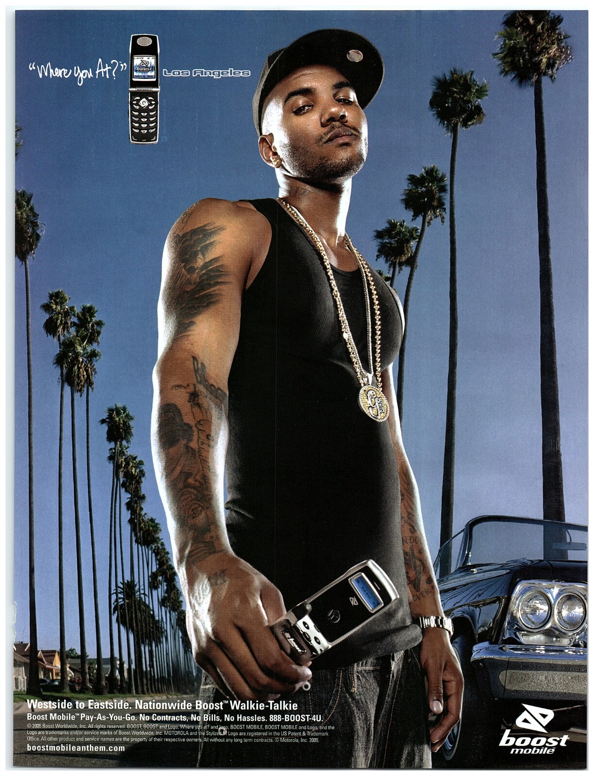 2005 Boost Mobile Print Ad, Los Angeles Urban Model Tattoo Palm Tree Low Rider