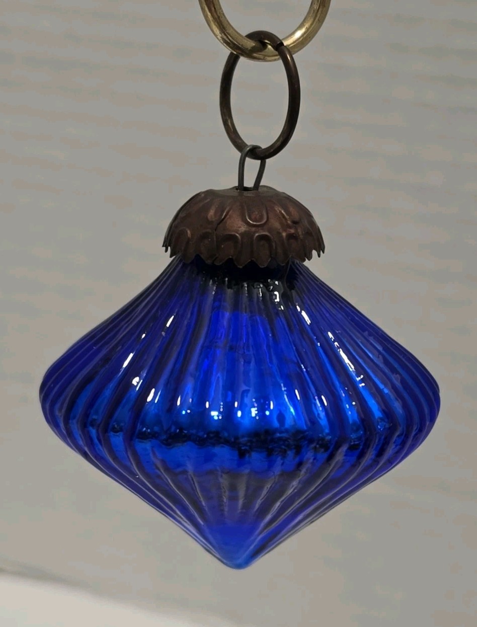 Antique Vintage Cobalt Blue Ribbed Glass Kugel Metal Cap Christmas Ball Ornament