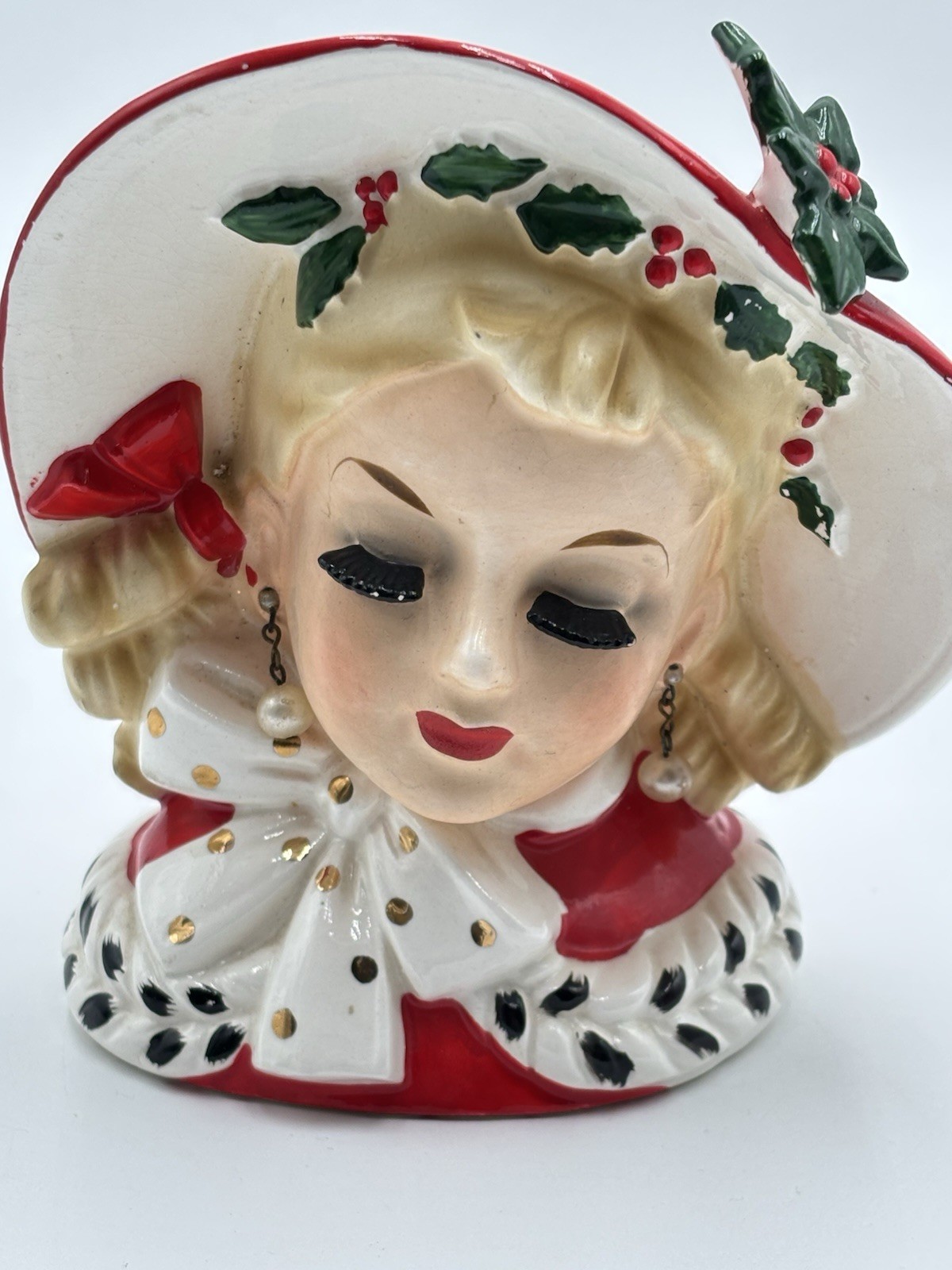 VTG INARCO E-195C CHRISTMAS LADY HEAD VASE HAND PAINTED RED HAT PEARL EARRINGS VTG INARCO E-195C CHRISTMAS LADY HEAD VASE HAND PAINTED RED HAT PEARL EARRINGS