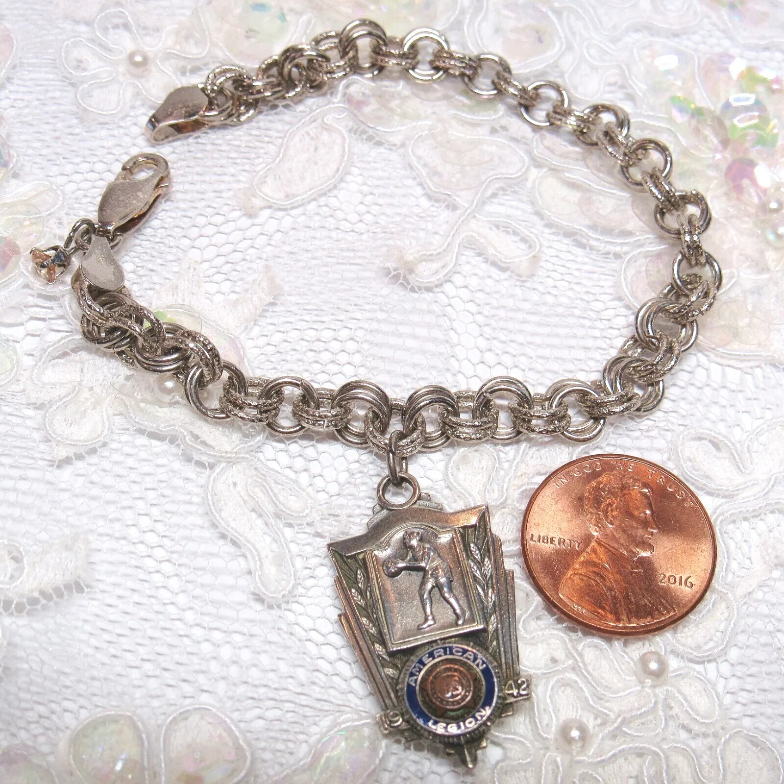 Vintage Solid Sterling Silver 1942 American Legion Basketball Charm Bracelet 19g