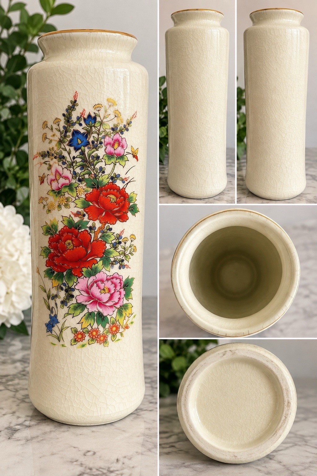 Vintage Japanese Satsuma Style Floral Vase Crackle Glaze Gold Trim 11” Vintage Japanese Satsuma Style Floral Vase Crackle Glaze Gold Trim 11”