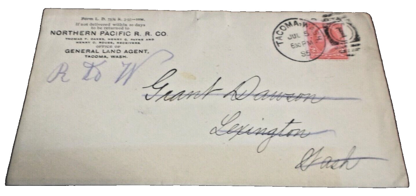1895 NORTHERN PACIFIC RAILROAD TACOMA WASHINGTON LAND AGENT ENVELOPE