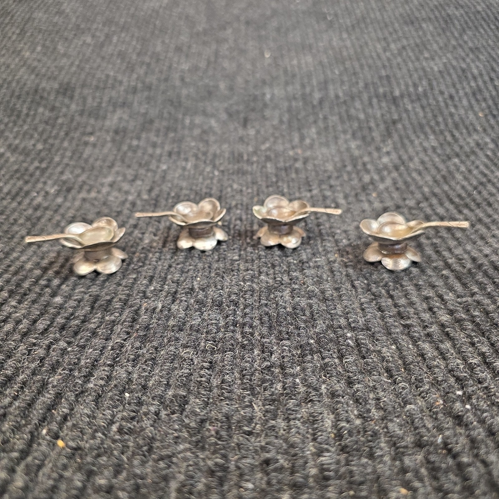 Vintage Metzke Pewter Dogwood Flower Salt Cellar Dish with Spoons Set of 4 1973