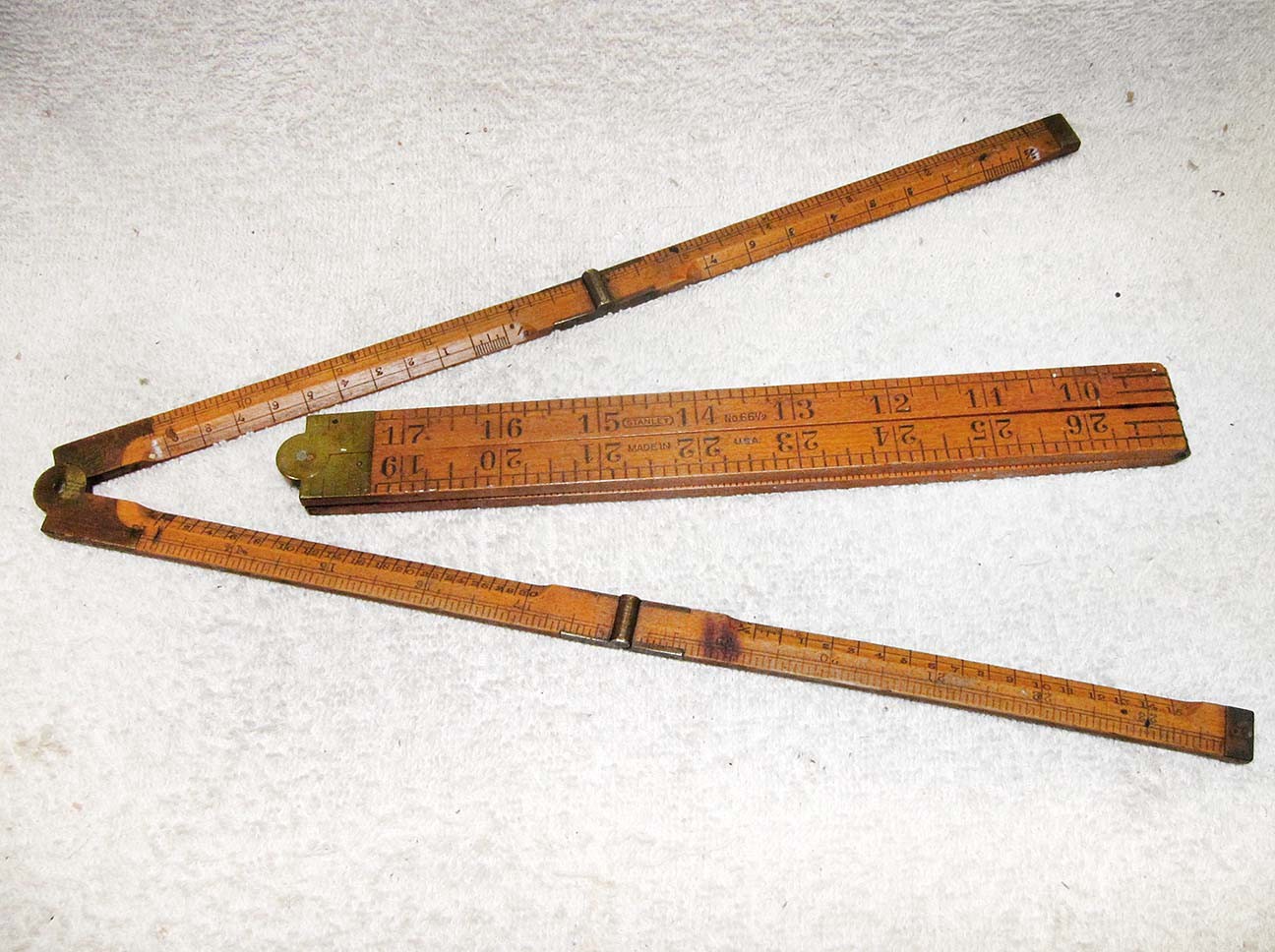 TWO Antique STANLEY Wood/Brass Folding RULER Carpenter Tool Woodworking 24 & 36\