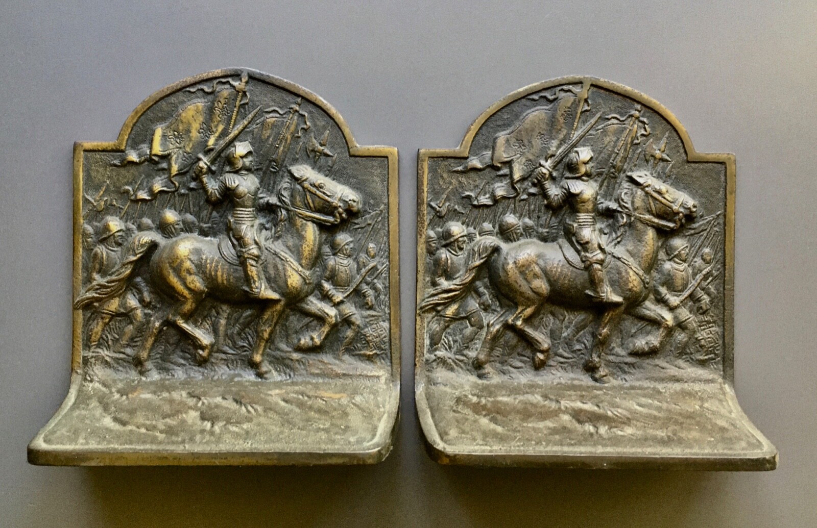 Vintage Solid Metal Bookends - Battle Scene Armored Soldier on Horseback