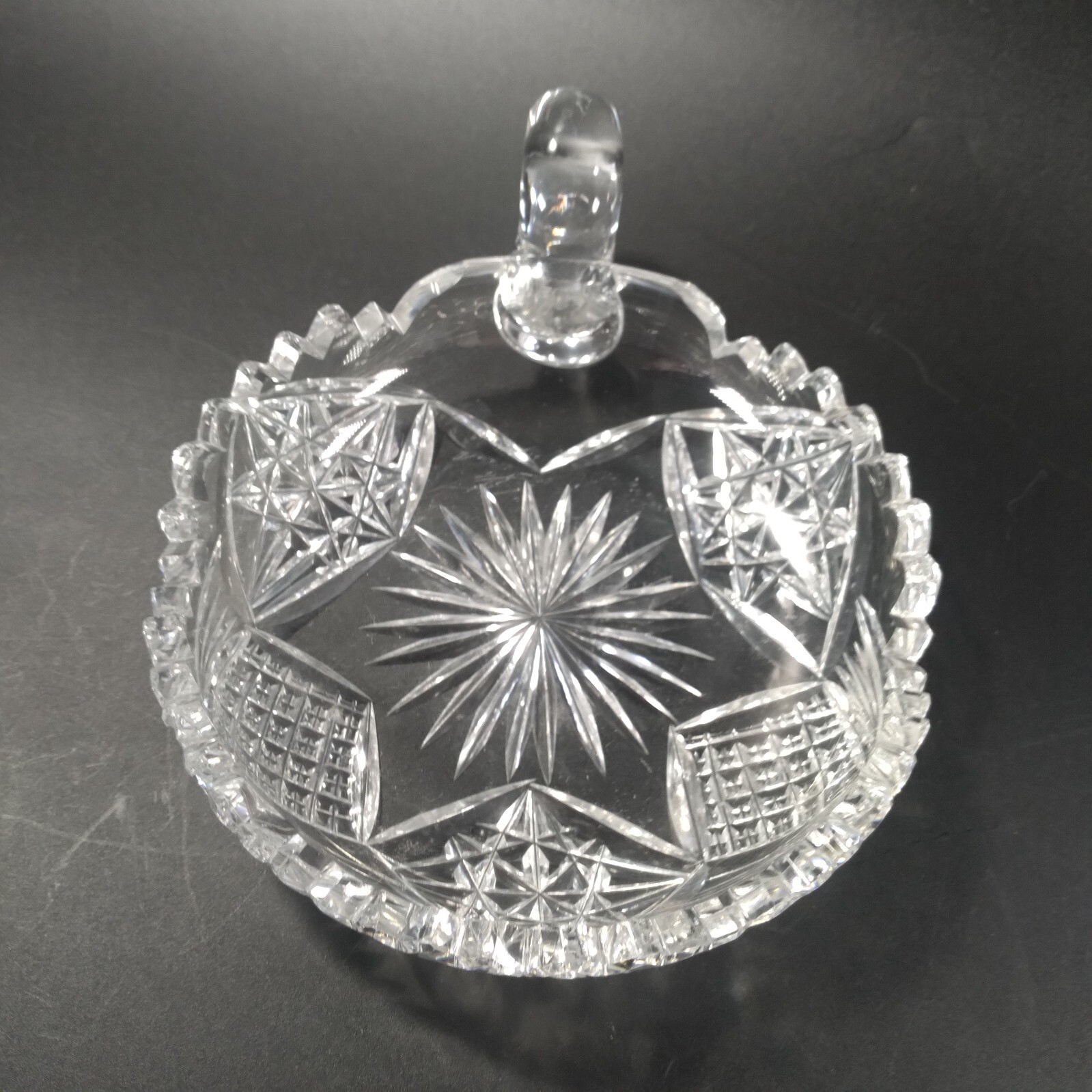 Handled Nappy Nut or Candy Dish Clear Glass with Hobstars Stars and Diamond Cuts