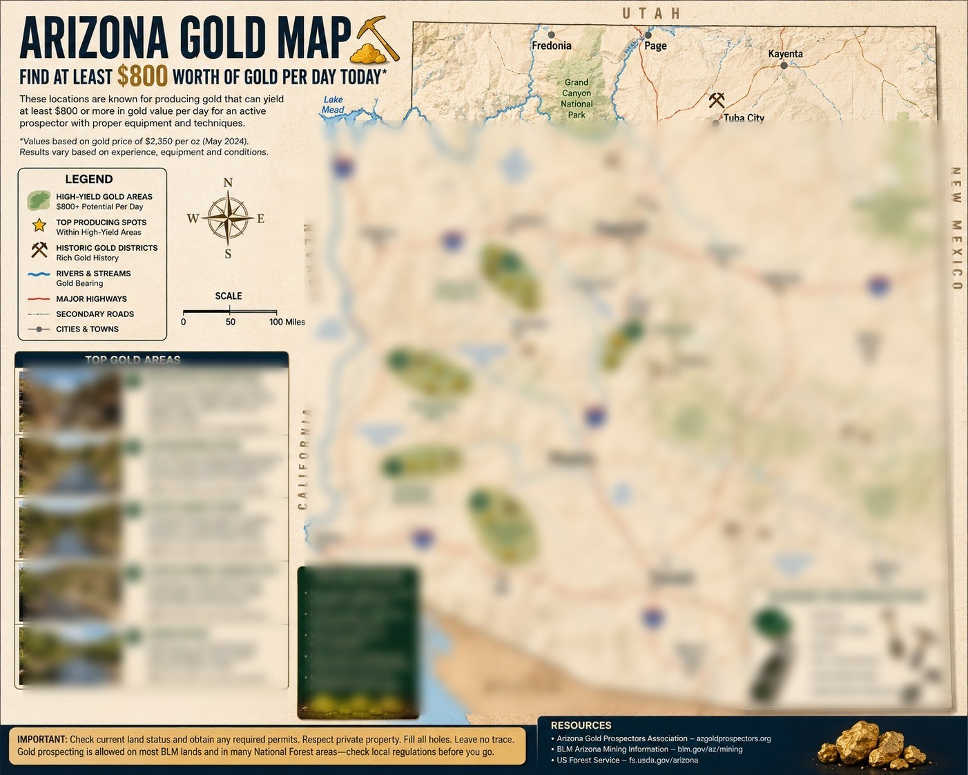 Current Map Where to Make $800 in Gold Daily Panning in Arizona & Make Big $