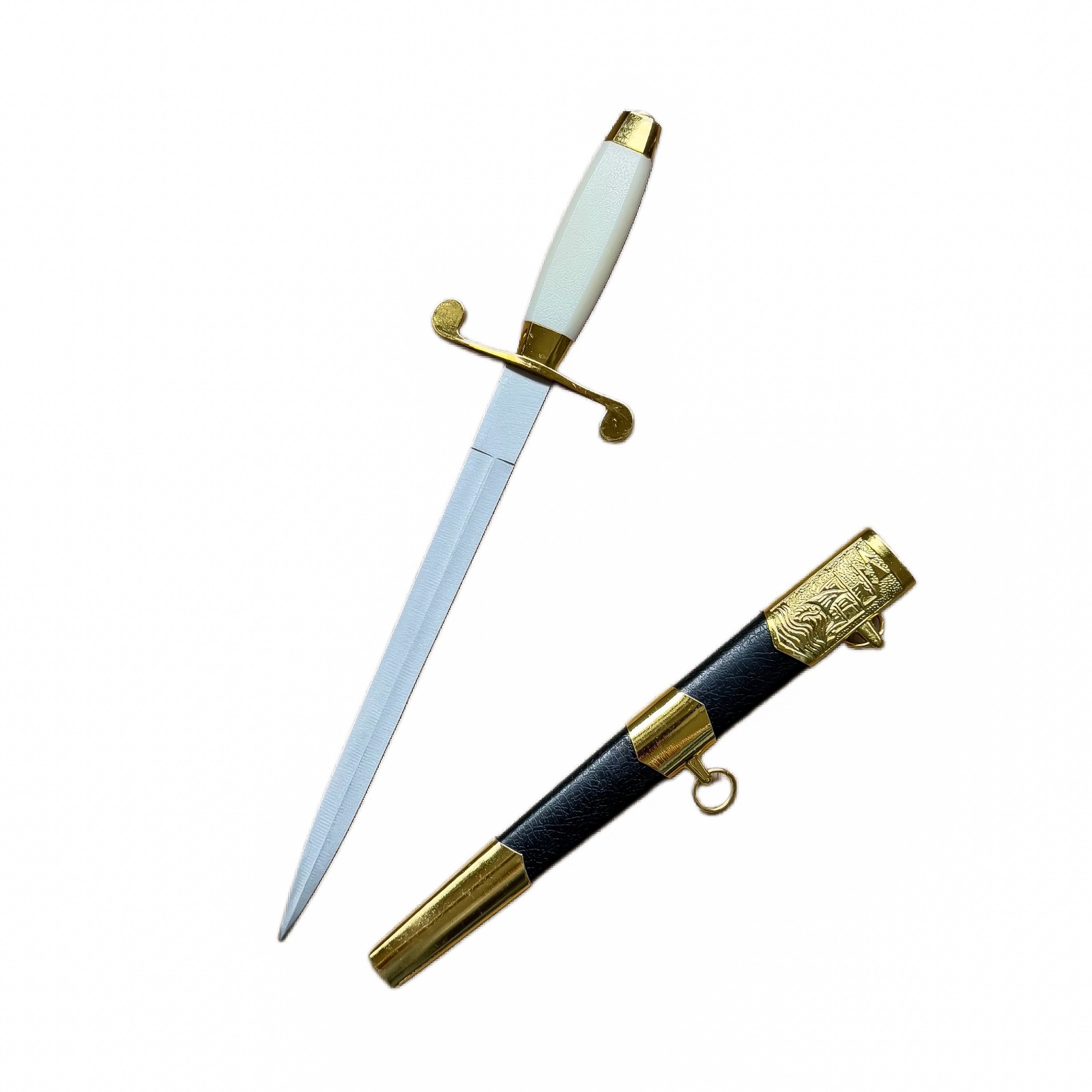 Vintage European dagger, black and gold scabbard, unsharpened