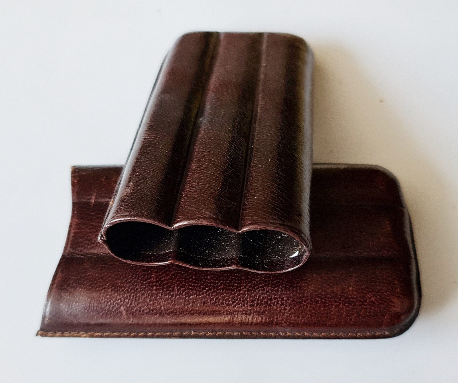VINTAGE AUTHENTIC GENUINE LEATHER CIGAR CASE 3 FINGER HOLDER POCKET POUCH BROWN