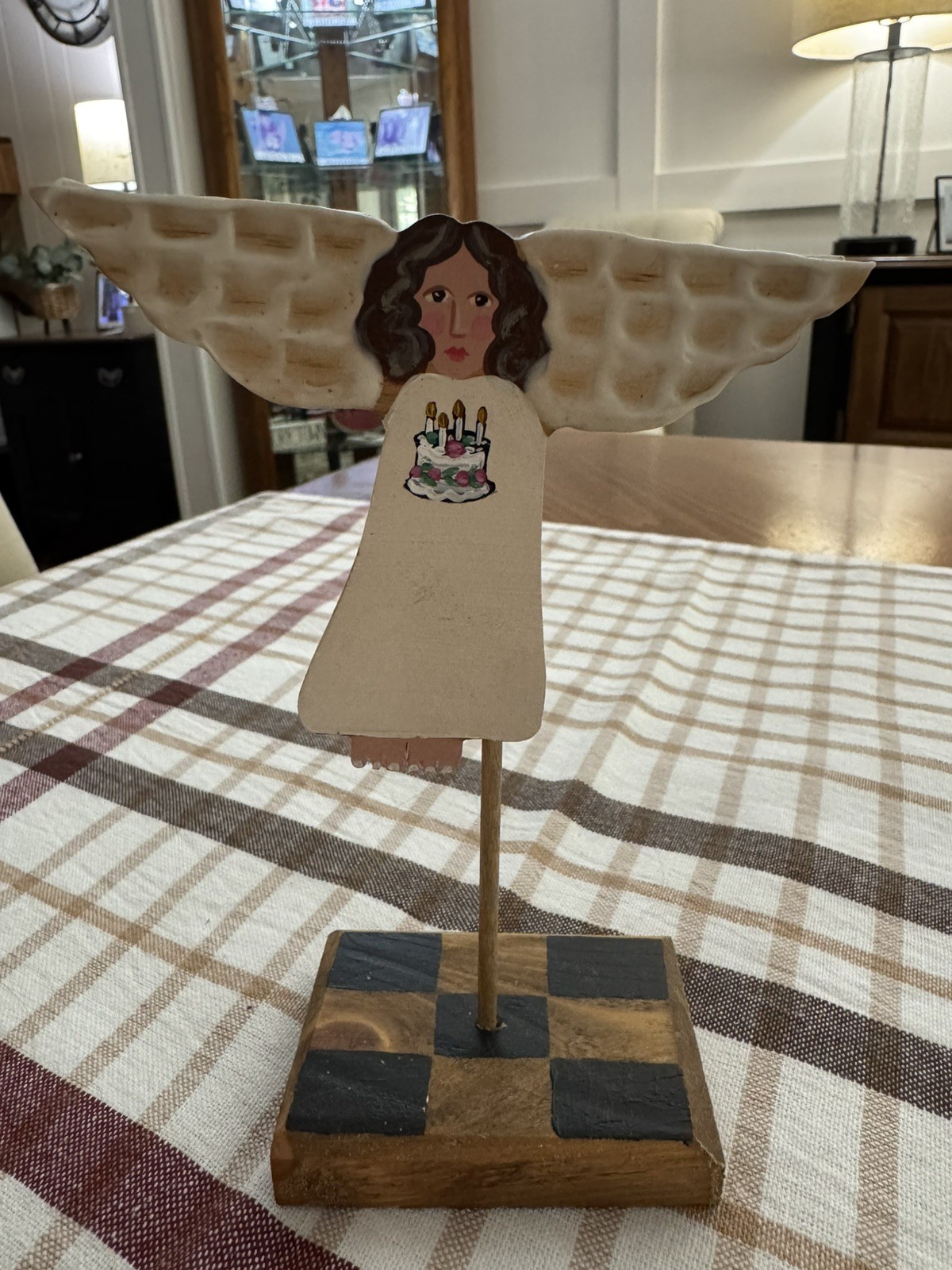 Nancy Thomas Wooden Angel With Birthday Cake On Stand~ Initialed & Dated 2013