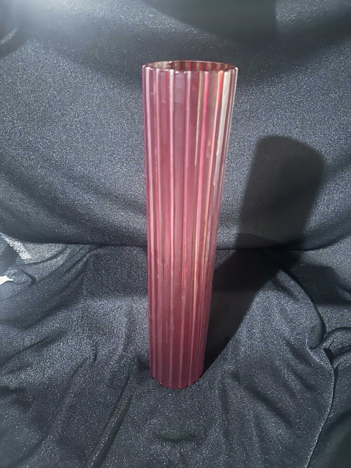 Ruby Red Ribbed Unique Red Vase Crystal Hand Cut  17 1/2” Heavy