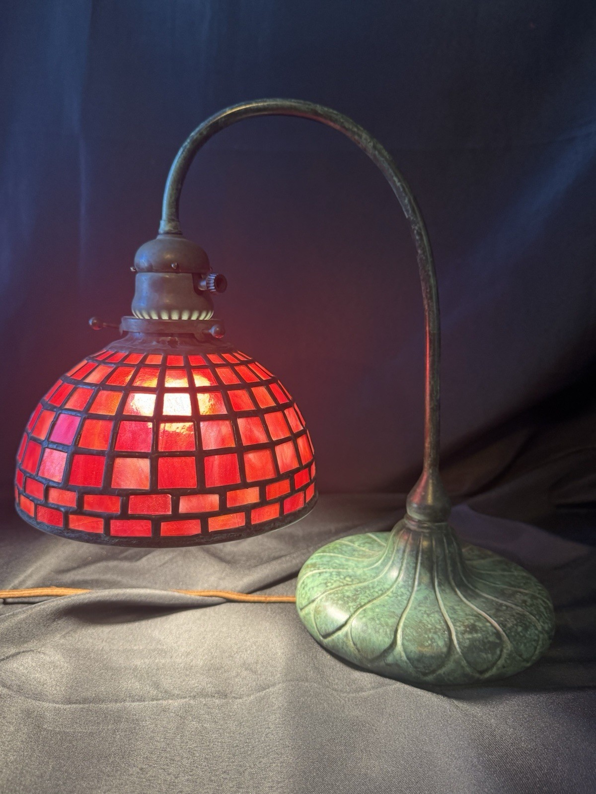 Tiffany Studios 7” Geometric repro piano lamp and bronze base by Century Studios