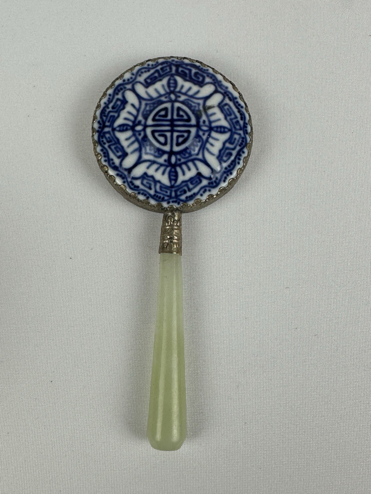 Vintage Blue White Hand Mirror Green Handle