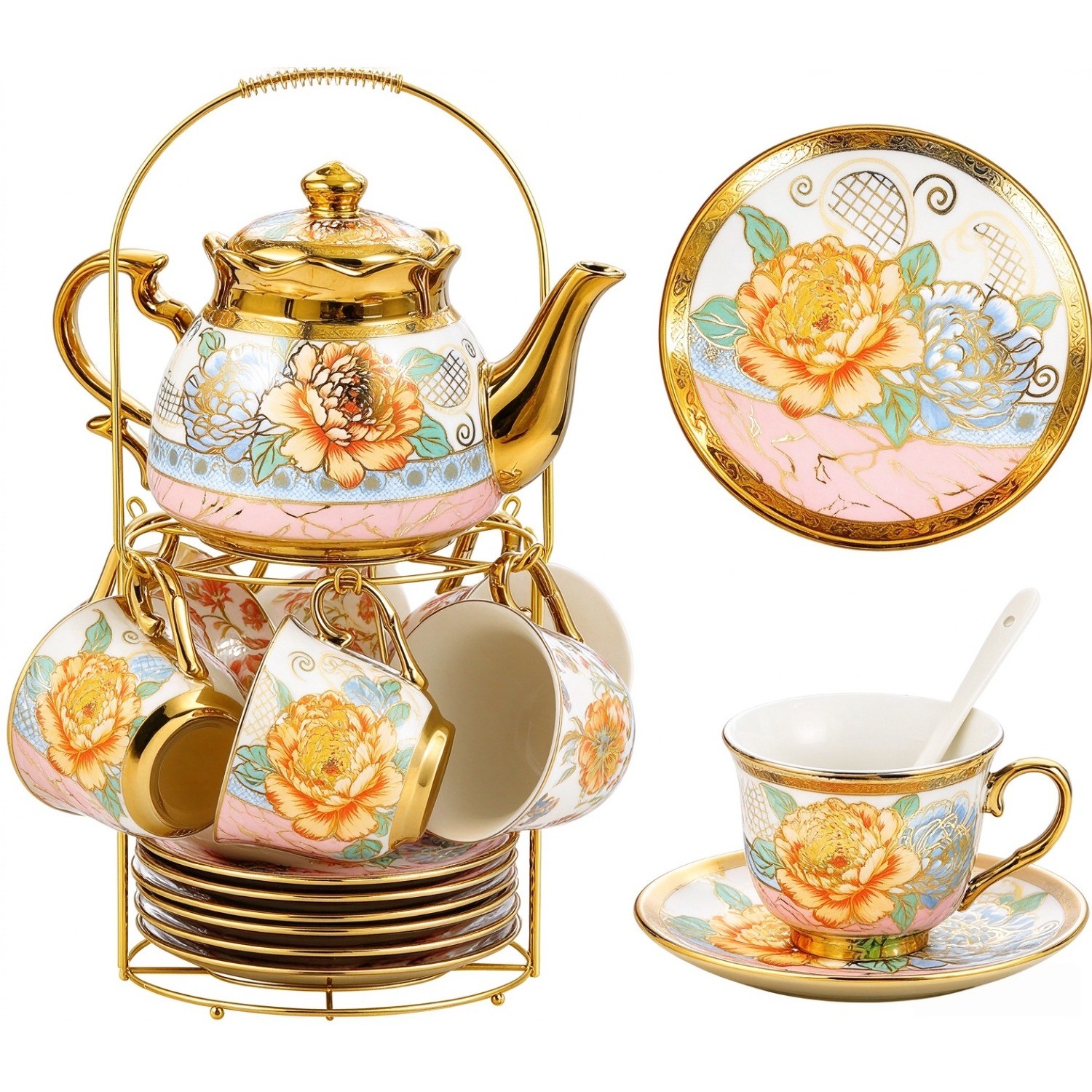 Premium Italian Teapot And Teacup Set, 20pcs Floral Ceramic Tea Set with Saucers Premium Italian Teapot And Teacup Set, 20pcs Floral Ceramic Tea Set with Saucers