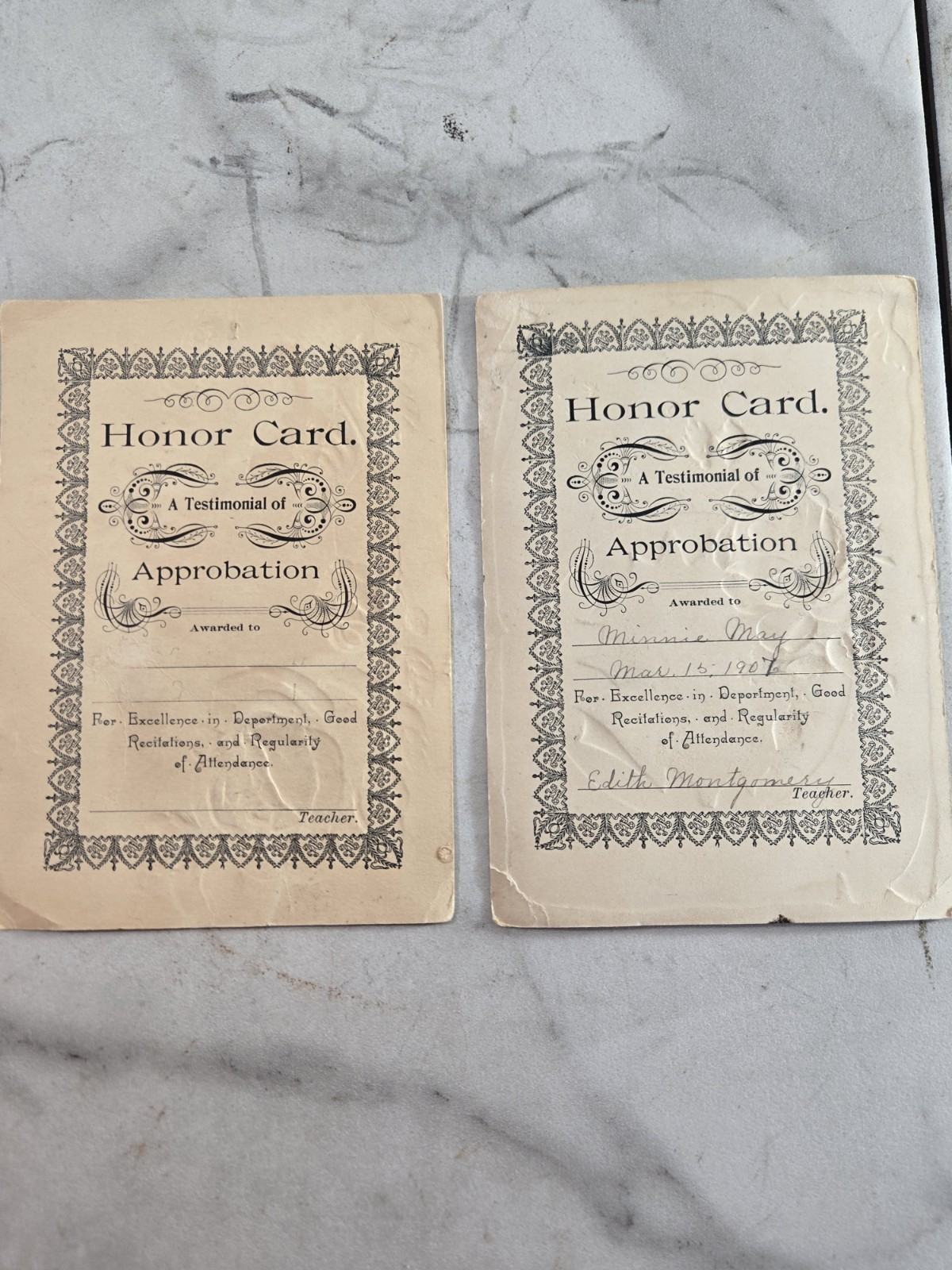 Antique 1907 School Honor Card Testimonial of Approbation Minnie May...