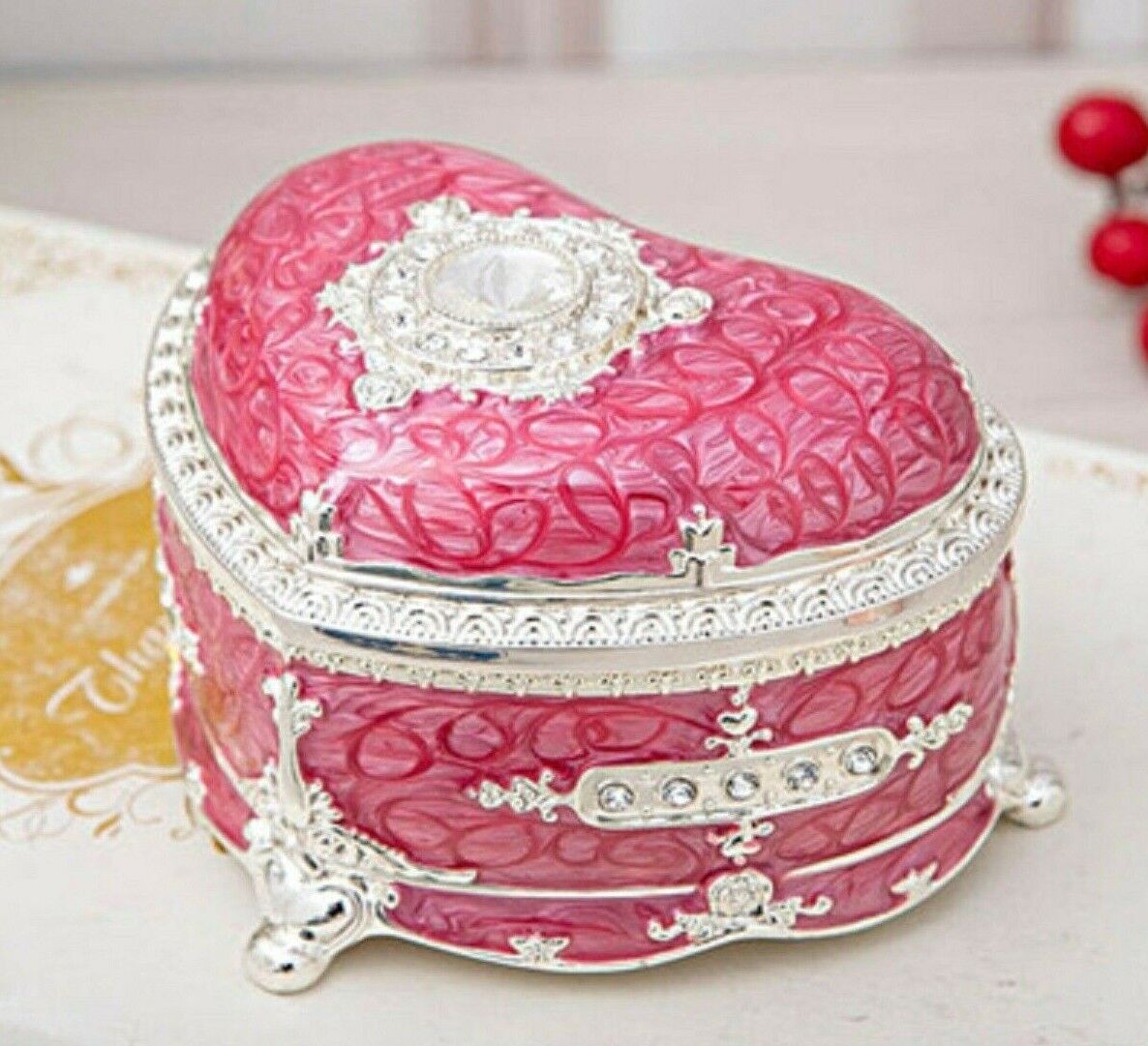 HEART SHAPE IN ROSE TIN ALLOY WIND UP MUSIC BOX : RAINBOW CONNECTION