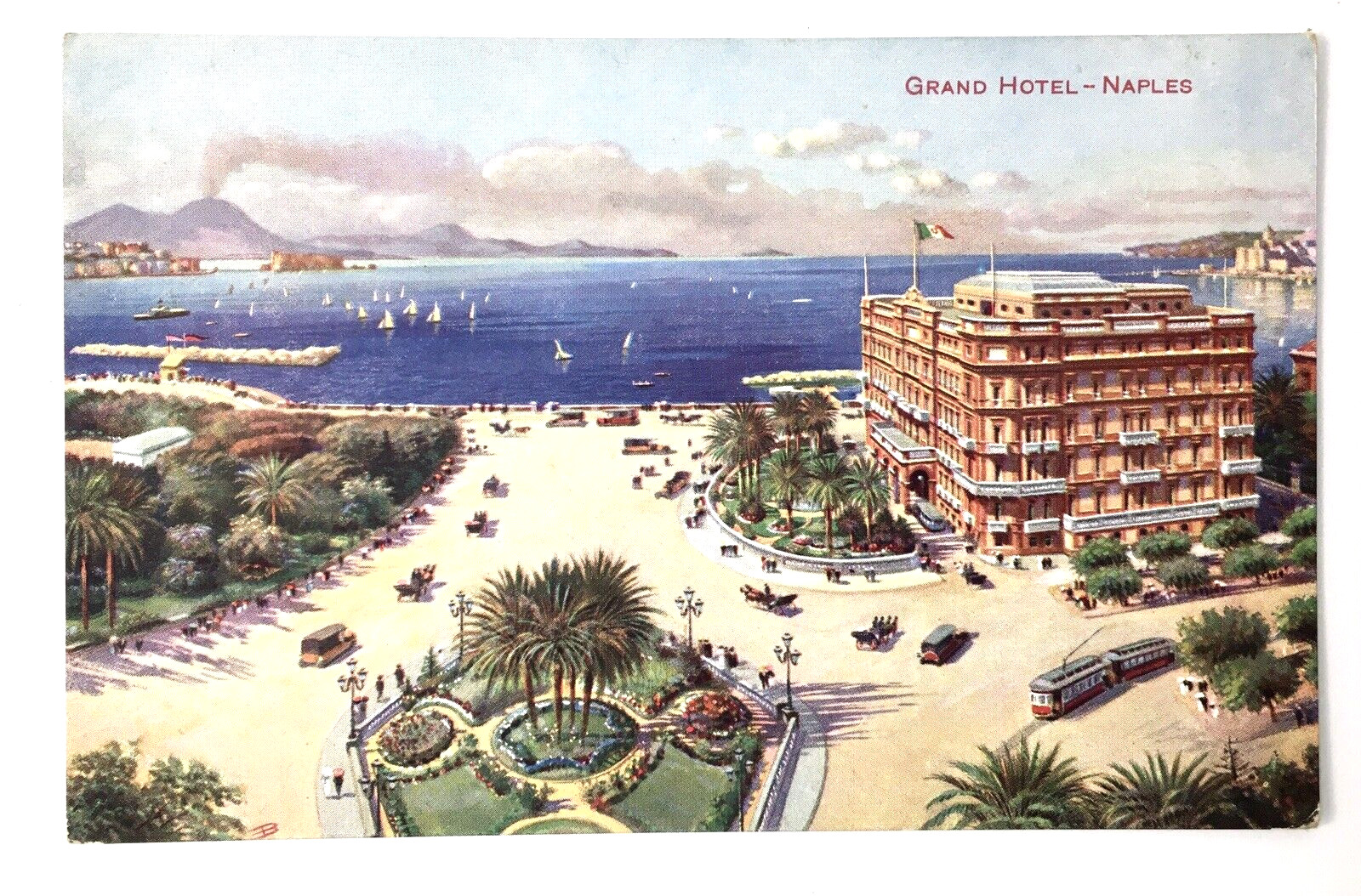 Naples Italy Grand Hotel Tram Cars Panorama Ocean View Vintage PC